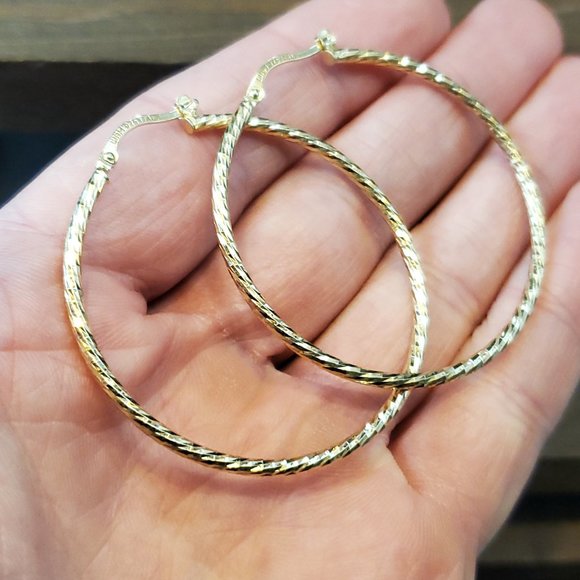 Gold Over 925 Sterling Silver Textured Pattern Large Hoop Earrings - Picture 2 of 5